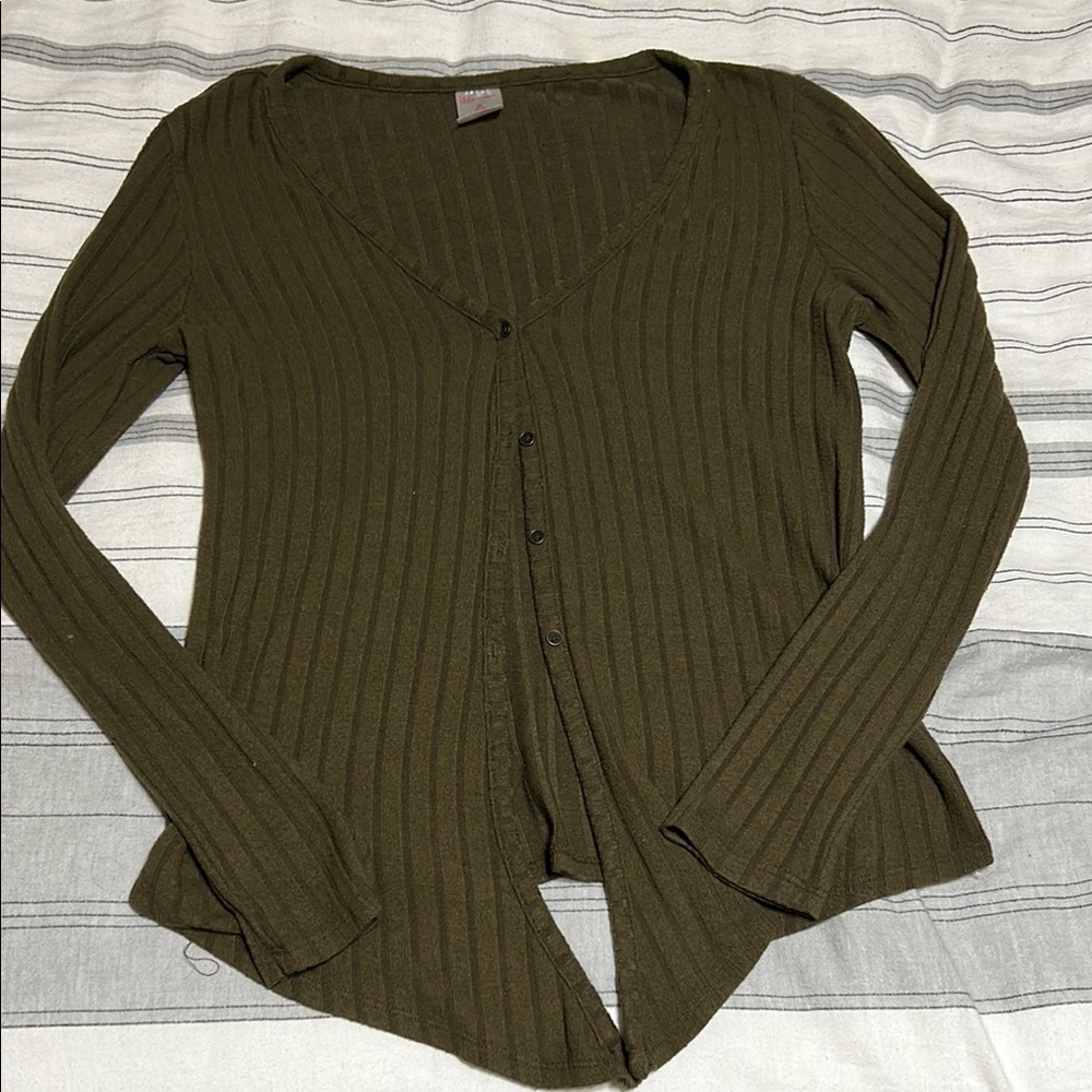 No Boundaries Green Ribbed Cardigan Sweater